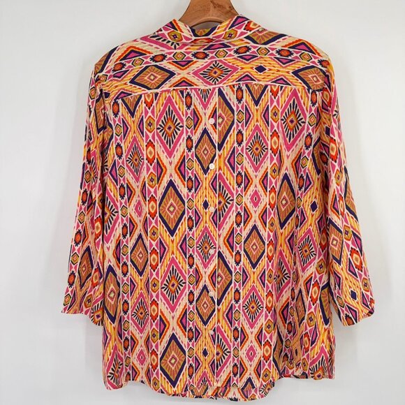 Chicos 3 Womens Ikat Linen Button-Back no iron Shirt blouse 3/4 sleeve Size XL - Picture 14 of 16